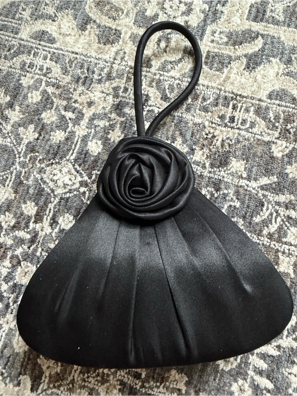 Black Satin Pleated Rosette Evening Clutch
